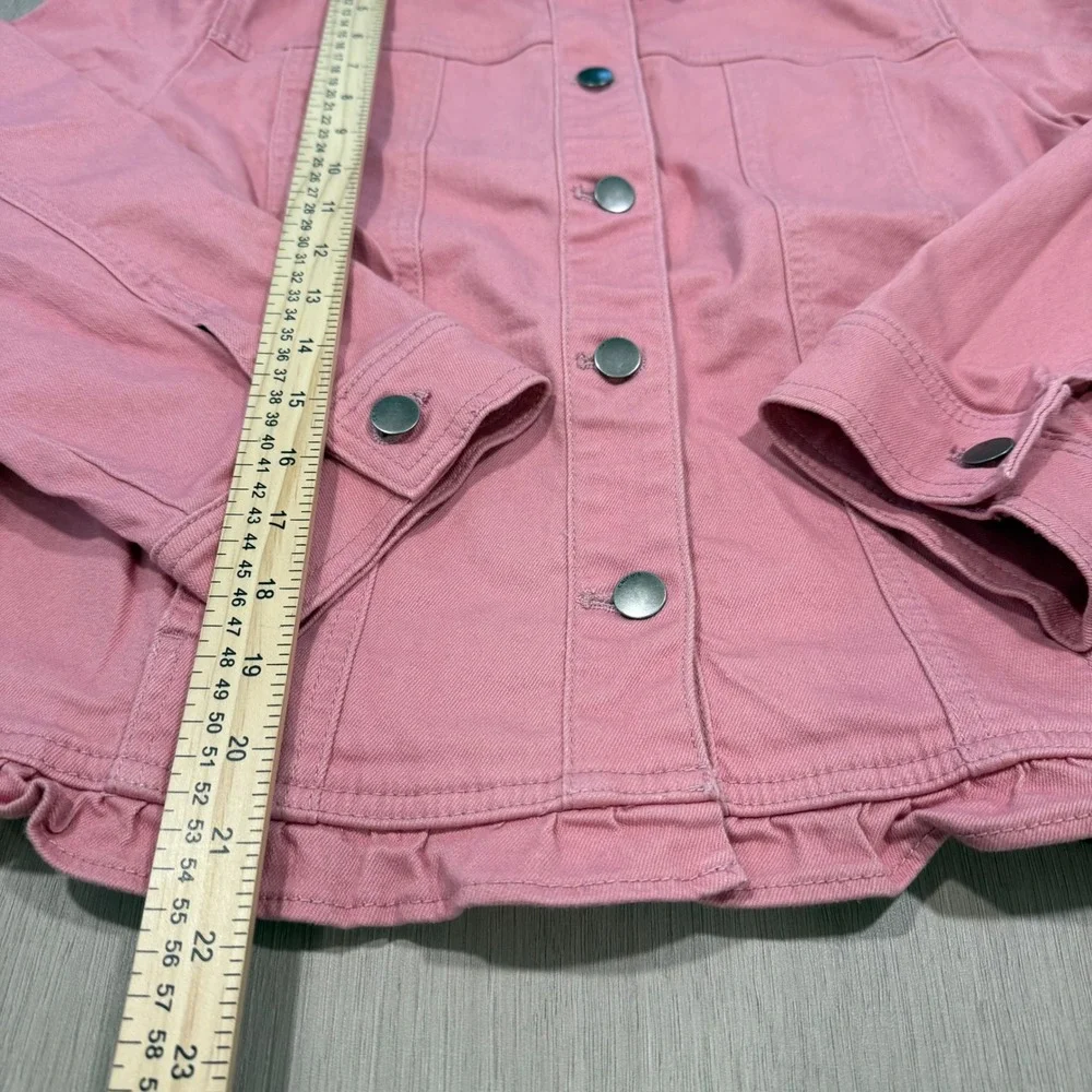 Chicos Women Pink Ruffle Hem Denim Style Jacket Size 2 Large Button Front Twill